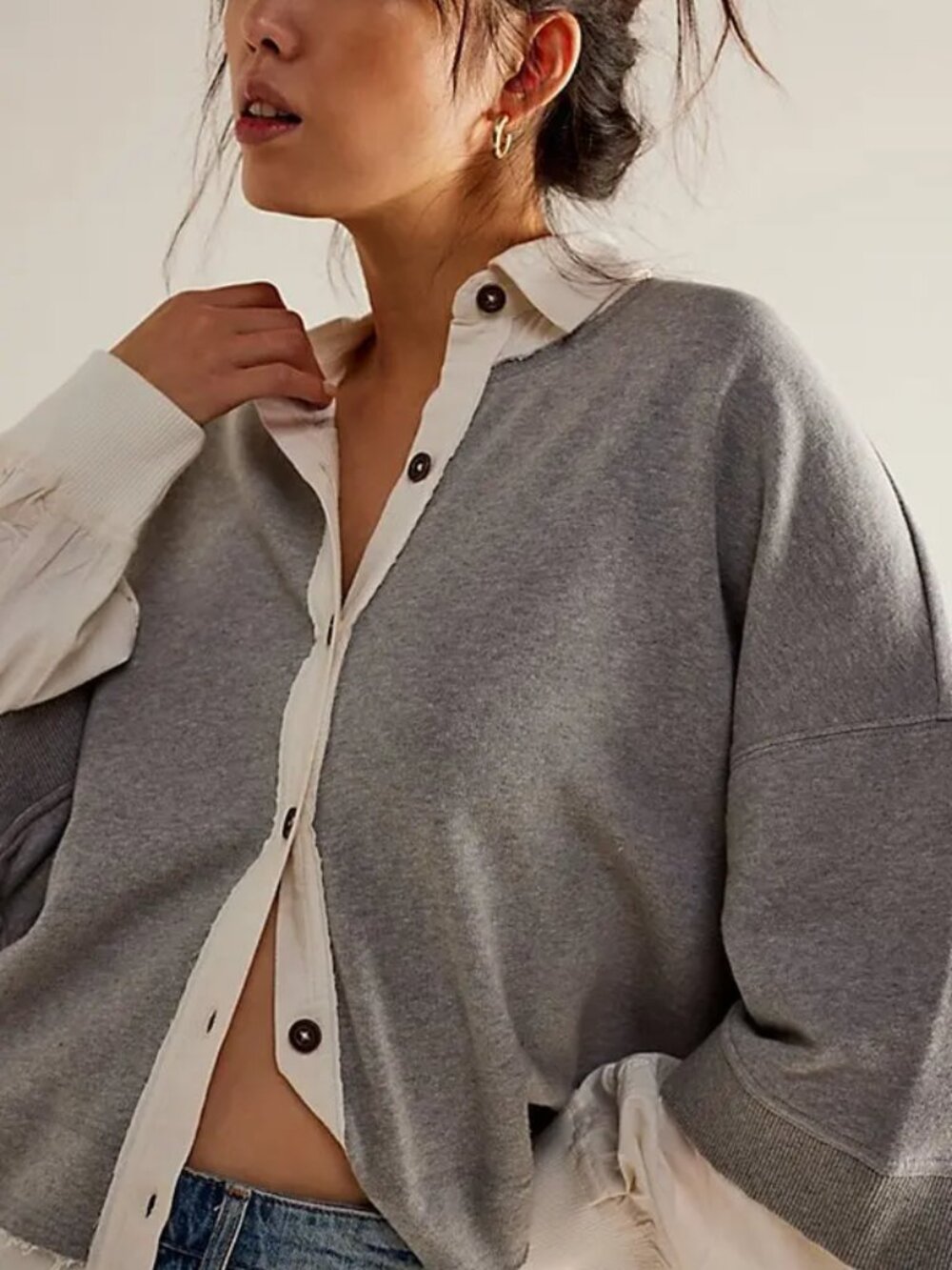 Free People We The Free Rebel Rebel Twofer Top Gray Button Dropped Shoulder S